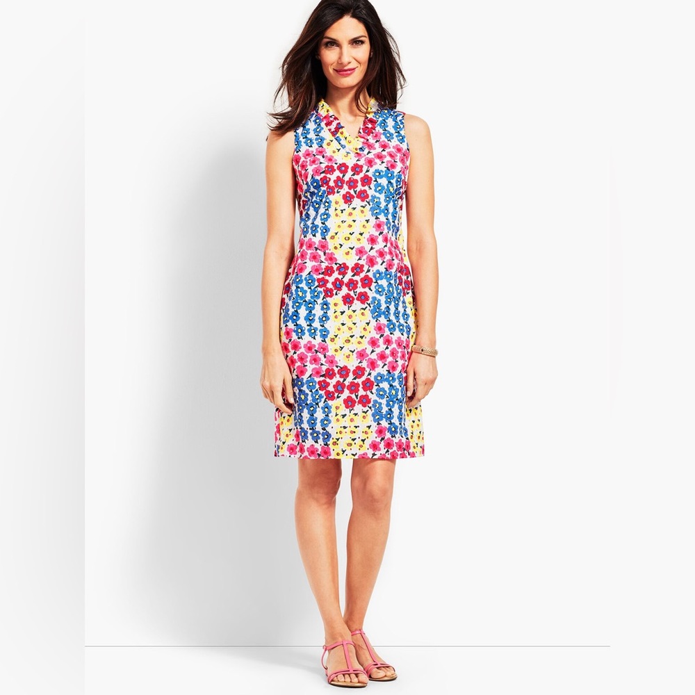 Talbots Floral Eyelet Ruffle V Neck Shift Dress Size 2 Garden Party Vibrant